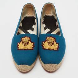 Pre Owned Christian Louboutin Blue Canvas Gala Embroidered Crest Flat Espadrilles Size 38