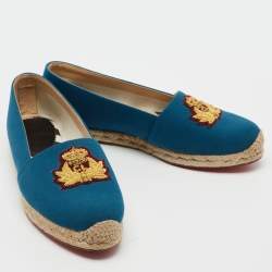 Pre Owned Christian Louboutin Blue Canvas Gala Embroidered Crest Flat Espadrilles Size 38