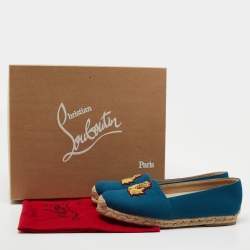 Pre Owned Christian Louboutin Blue Canvas Gala Embroidered Crest Flat Espadrilles Size 38