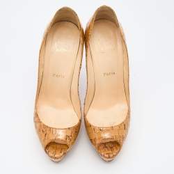 Pre Owned Christian Louboutin Beige Cork Lady Peep Toe Platform Pumps Size 38.5