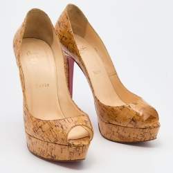 Pre Owned Christian Louboutin Beige Cork Lady Peep Toe Platform Pumps Size 38.5
