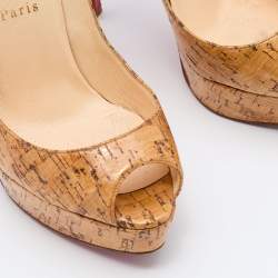 Pre Owned Christian Louboutin Beige Cork Lady Peep Toe Platform Pumps Size 38.5