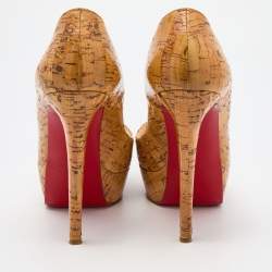 Pre Owned Christian Louboutin Beige Cork Lady Peep Toe Platform Pumps Size 38.5