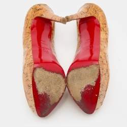 Pre Owned Christian Louboutin Beige Cork Lady Peep Toe Platform Pumps Size 38.5