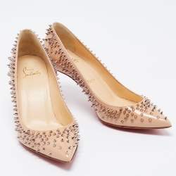 Pre Owned Christian Louboutin Beige Patent Escarpic Spike Pointed Toe Pumps Size 37
