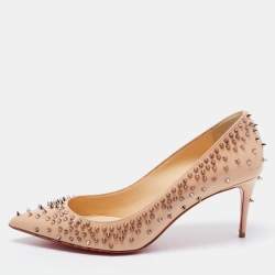 Pre Owned Christian Louboutin Beige Patent Escarpic Spike Pointed Toe Pumps Size 37