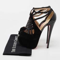 Pre Owned Christian Louboutin Black Suede and Patent Leather Carlota Ankle Strap Sandals Size 38
