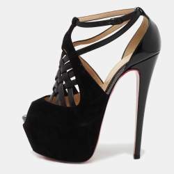 Pre Owned Christian Louboutin Black Suede and Patent Leather Carlota Ankle Strap Sandals Size 38