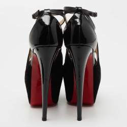 Pre Owned Christian Louboutin Black Suede and Patent Leather Carlota Ankle Strap Sandals Size 38