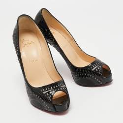 Pre Owned Christian Louboutin Black Patent Leather Suellena Peep Toe Pumps Size 38.5