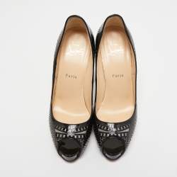 Pre Owned Christian Louboutin Black Patent Leather Suellena Peep Toe Pumps Size 38.5