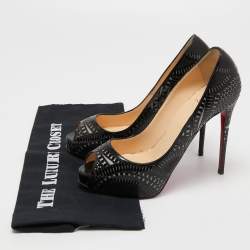 Pre Owned Christian Louboutin Black Patent Leather Suellena Peep Toe Pumps Size 38.5