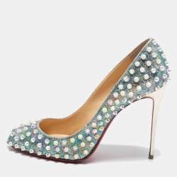 Pre Owned Christian Louboutin Silver Iridescent Leather Tibur Spikes Pumps Size 39.5