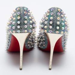 Pre Owned Christian Louboutin Silver Iridescent Leather Tibur Spikes Pumps Size 39.5
