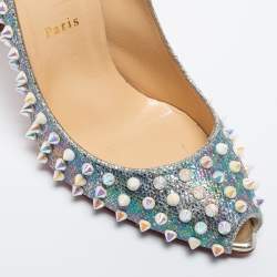Pre Owned Christian Louboutin Silver Iridescent Leather Tibur Spikes Pumps Size 39.5