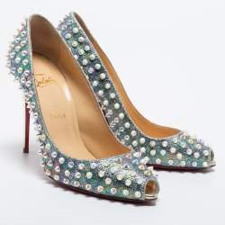 Pre Owned Christian Louboutin Silver Iridescent Leather Tibur Spikes Pumps Size 39.5