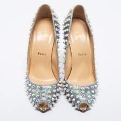 Pre Owned Christian Louboutin Silver Iridescent Leather Tibur Spikes Pumps Size 39.5