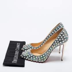 Pre Owned Christian Louboutin Silver Iridescent Leather Tibur Spikes Pumps Size 39.5