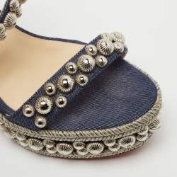 مملوكة مسبقًا Christian Louboutin Navy Blue Denim Rondaclou Wedge Sandals Size 37