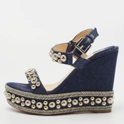 مملوكة مسبقًا Christian Louboutin Navy Blue Denim Rondaclou Wedge Sandals Size 37