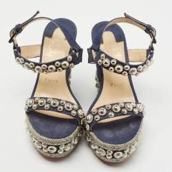 مملوكة مسبقًا Christian Louboutin Navy Blue Denim Rondaclou Wedge Sandals Size 37