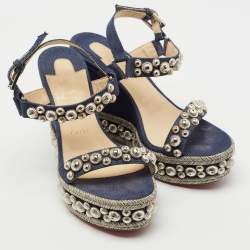 مملوكة مسبقًا Christian Louboutin Navy Blue Denim Rondaclou Wedge Sandals Size 37