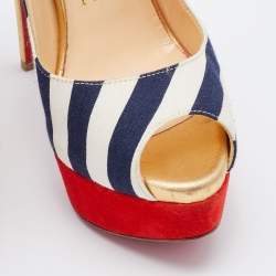 Pre Owned Christian Louboutin White/Navy Blue Stripe Fabric Lady Peep Toe Slingback Platform Pumps Size 37
