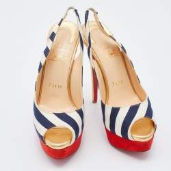 Pre Owned Christian Louboutin White/Navy Blue Stripe Fabric Lady Peep Toe Slingback Platform Pumps Size 37