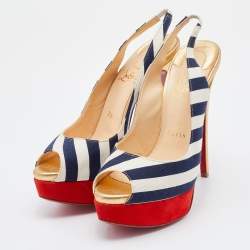 Pre Owned Christian Louboutin White/Navy Blue Stripe Fabric Lady Peep Toe Slingback Platform Pumps Size 37