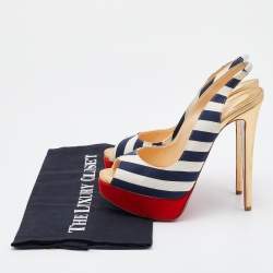 Pre Owned Christian Louboutin White/Navy Blue Stripe Fabric Lady Peep Toe Slingback Platform Pumps Size 37