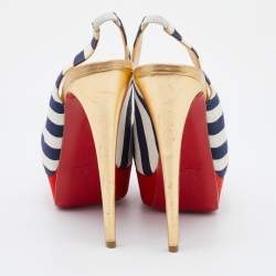 Pre Owned Christian Louboutin White/Navy Blue Stripe Fabric Lady Peep Toe Slingback Platform Pumps Size 37