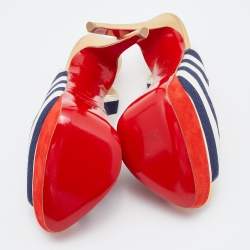 Pre Owned Christian Louboutin White/Navy Blue Stripe Fabric Lady Peep Toe Slingback Platform Pumps Size 37