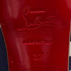 Pre Owned Christian Louboutin White/Navy Blue Stripe Fabric Lady Peep Toe Slingback Platform Pumps Size 37