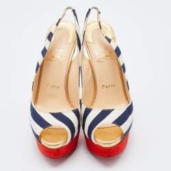 Pre Owned Christian Louboutin White/Navy Blue Stripe Fabric Lady Peep Toe Slingback Platform Pumps Size 37
