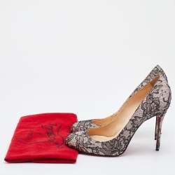 Pre Owned Christian Louboutin Black/Beige Lace and Satin Fifi Round Toe Pumps Size 39