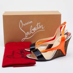 Pre Owned Christian Louboutin Orange/Black Patent Leather Yasmine Slingback Wedge Sandals Size 37