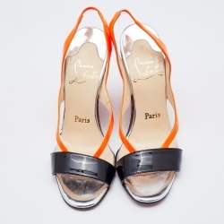 Pre Owned Christian Louboutin Orange/Black Patent Leather Yasmine Slingback Wedge Sandals Size 37