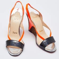 Pre Owned Christian Louboutin Orange/Black Patent Leather Yasmine Slingback Wedge Sandals Size 37