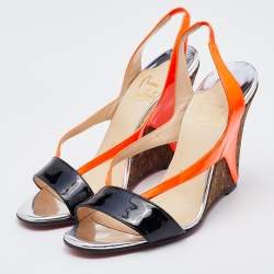 Pre Owned Christian Louboutin Orange/Black Patent Leather Yasmine Slingback Wedge Sandals Size 37