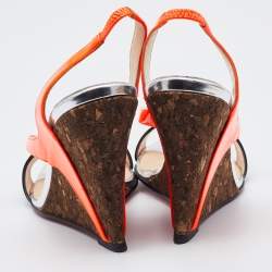 Pre Owned Christian Louboutin Orange/Black Patent Leather Yasmine Slingback Wedge Sandals Size 37