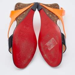 Pre Owned Christian Louboutin Orange/Black Patent Leather Yasmine Slingback Wedge Sandals Size 37