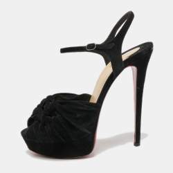 Pre Owned Christian Louboutin Black Knotted Suede Loescadiva Ankle Strap Sandals Size 39.5