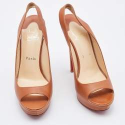 Pre Owned Christian Louboutin Brown Leather Slingback Platform Pumps Size 37.5