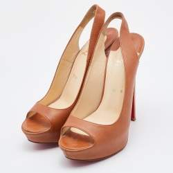Pre Owned Christian Louboutin Brown Leather Slingback Platform Pumps Size 37.5