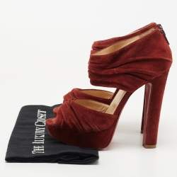 Pre Owned Christian Louboutin Rust Red Suede Pleated Bandra Zip Platform Sandals Size 37