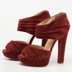 Pre Owned Christian Louboutin Rust Red Suede Pleated Bandra Zip Platform Sandals Size 37
