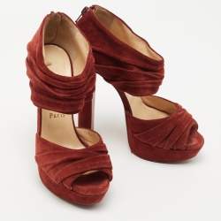 Pre Owned Christian Louboutin Rust Red Suede Pleated Bandra Zip Platform Sandals Size 37