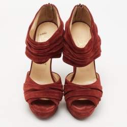 Pre Owned Christian Louboutin Rust Red Suede Pleated Bandra Zip Platform Sandals Size 37