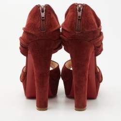 Pre Owned Christian Louboutin Rust Red Suede Pleated Bandra Zip Platform Sandals Size 37
