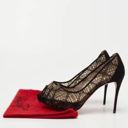 Christian Louboutin Black Lace and Suede Very Lace Peep Toe Pumps Size 36.5